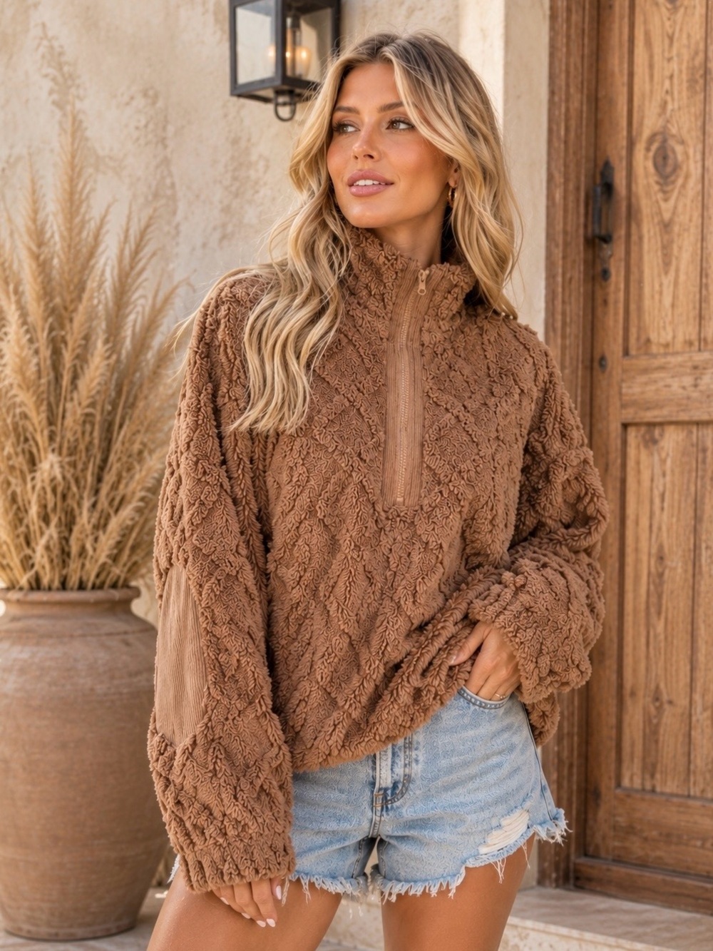Mocha Plush Half Zip Pullover Sweater